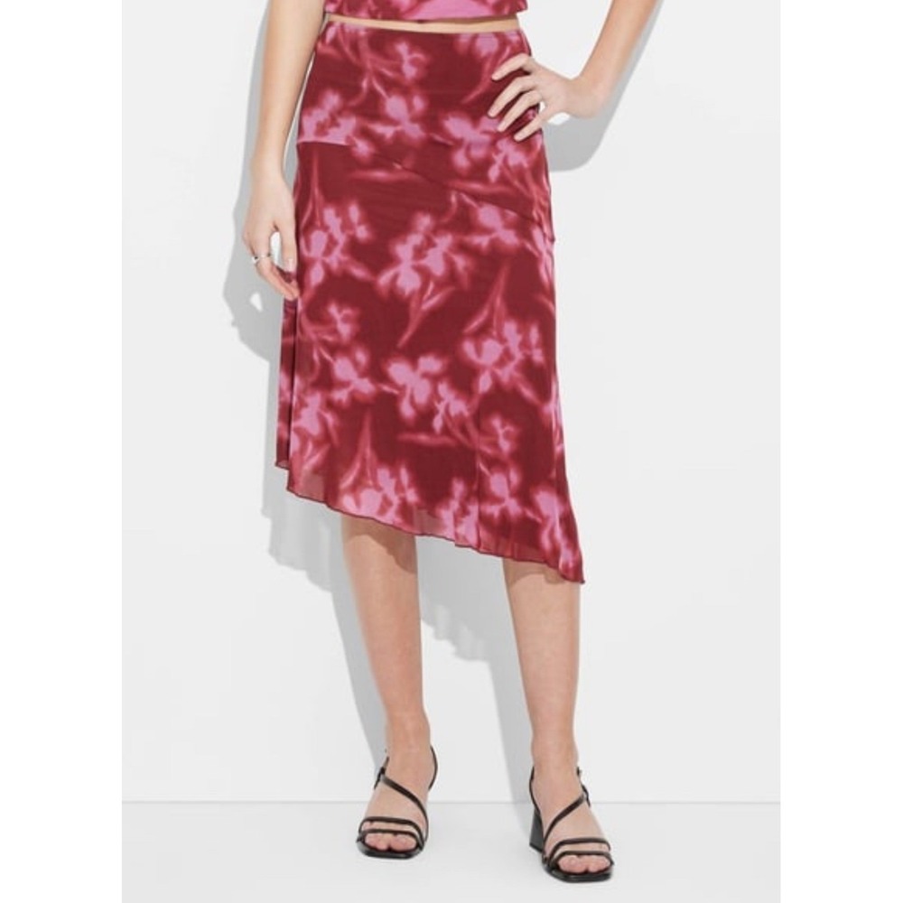 Wild Fable Asymmetrical Maxi Skirt Women L Pink Floral NEW Mesh High Rise A-Line